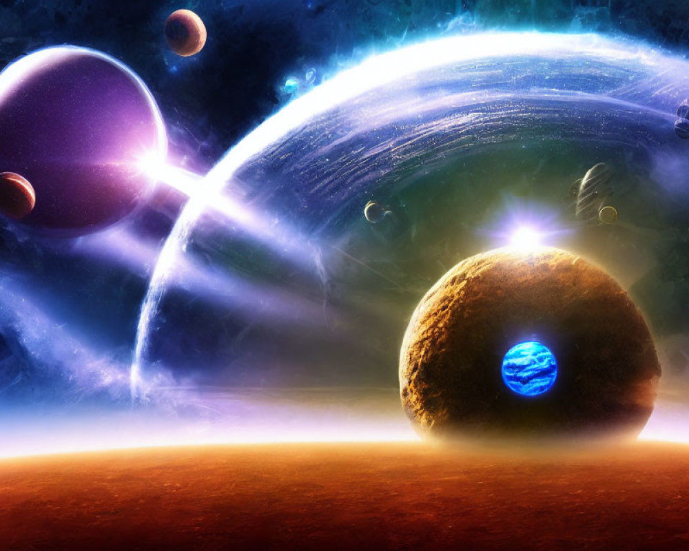 Colorful Cosmic Scene with Planets, Stars, and Nebula Background