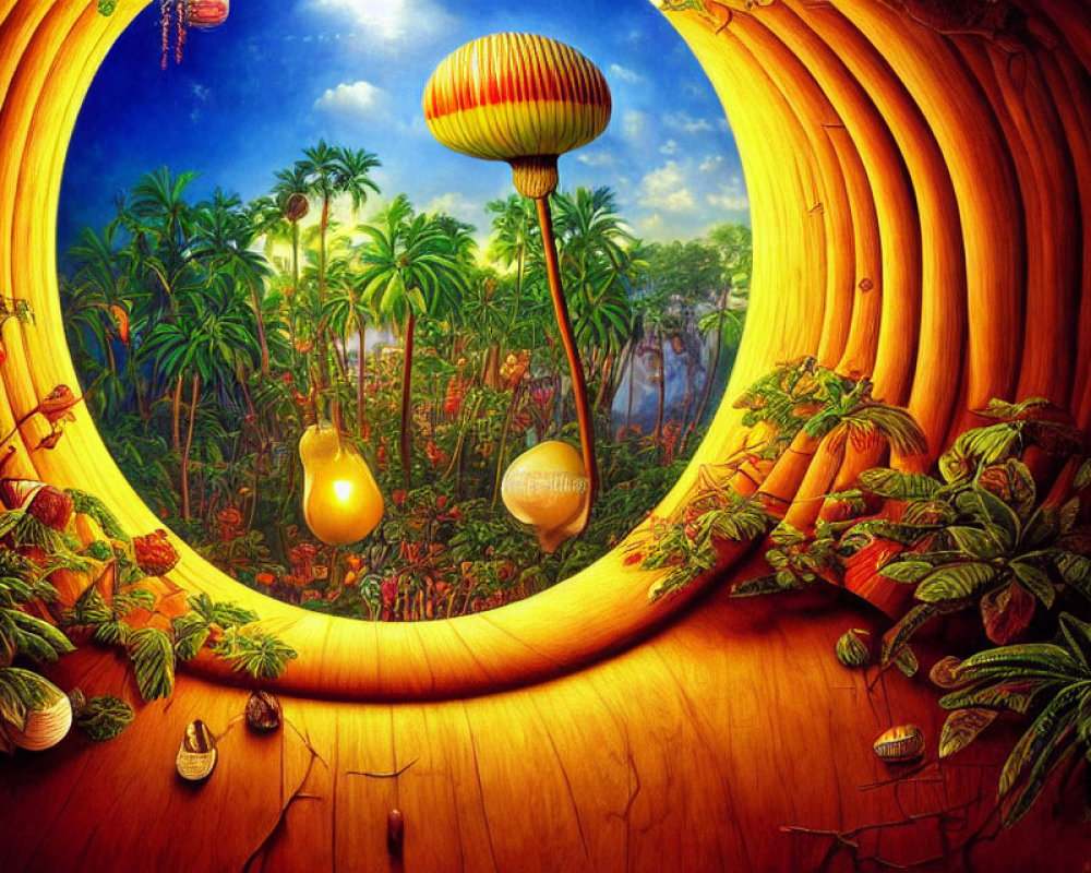 Vibrant surreal painting: Tropical landscape with oversized fruits through circular portal