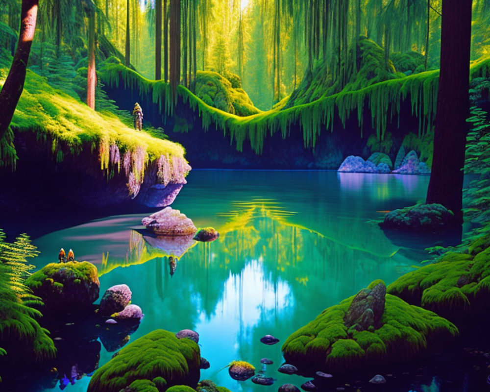 Tranquil forest scene with lush greenery, moss-covered rocks, still pond, and hanging moss