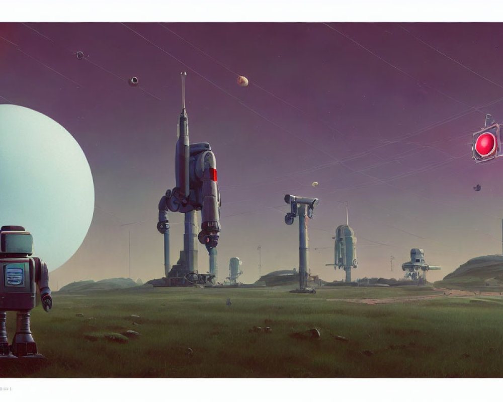 Retro-futuristic landscape with robot, rocket ship, and starry sky