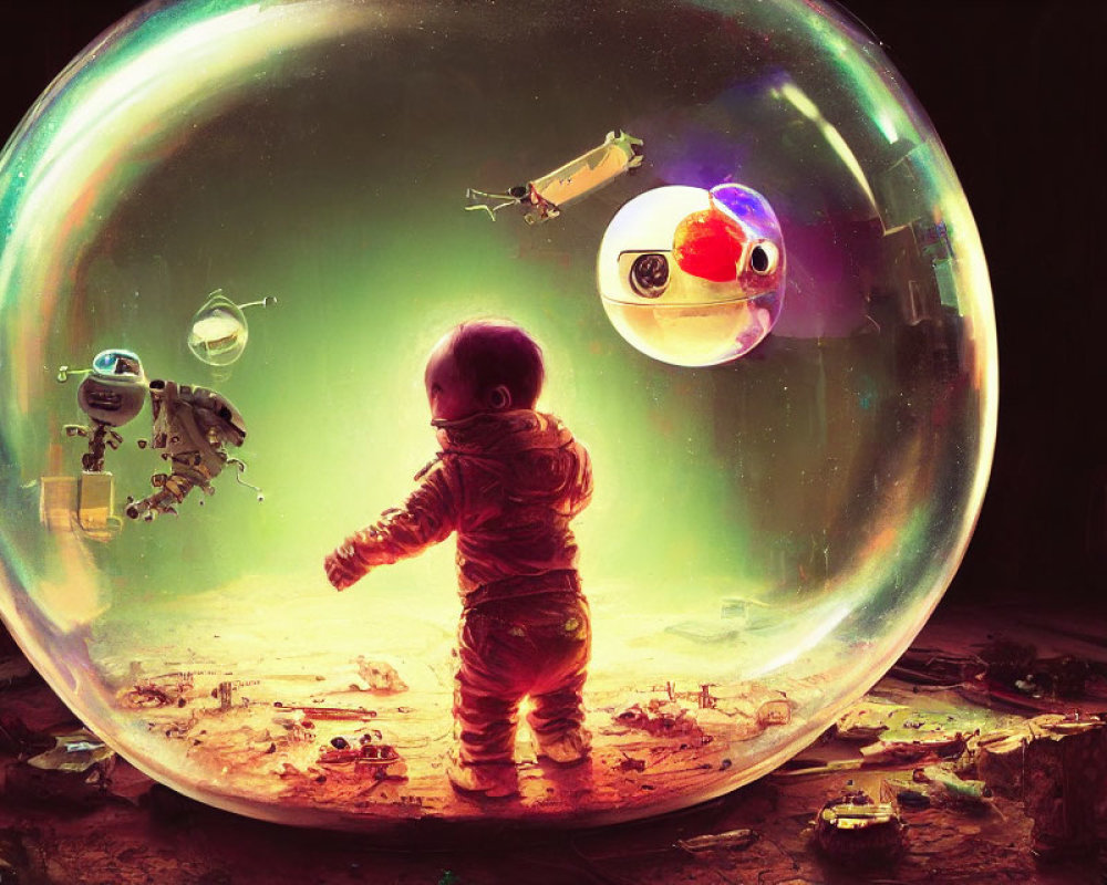 Child astronaut in bubble surrounded by floating debris in space-like setting