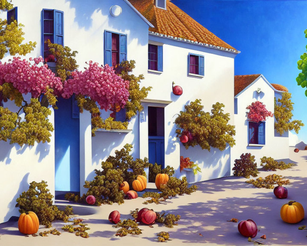 Vibrant Mediterranean-style painting with white buildings, blue shutters, grapevines, and pump