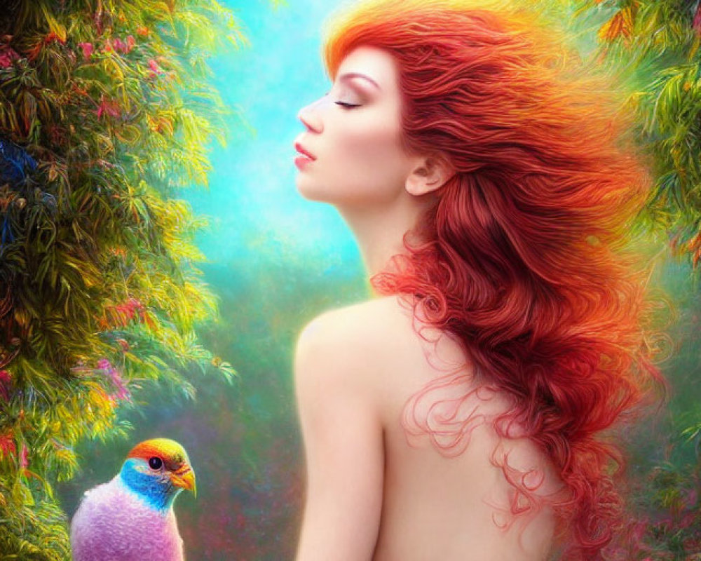 Vibrant red-haired woman in forest with colorful bird