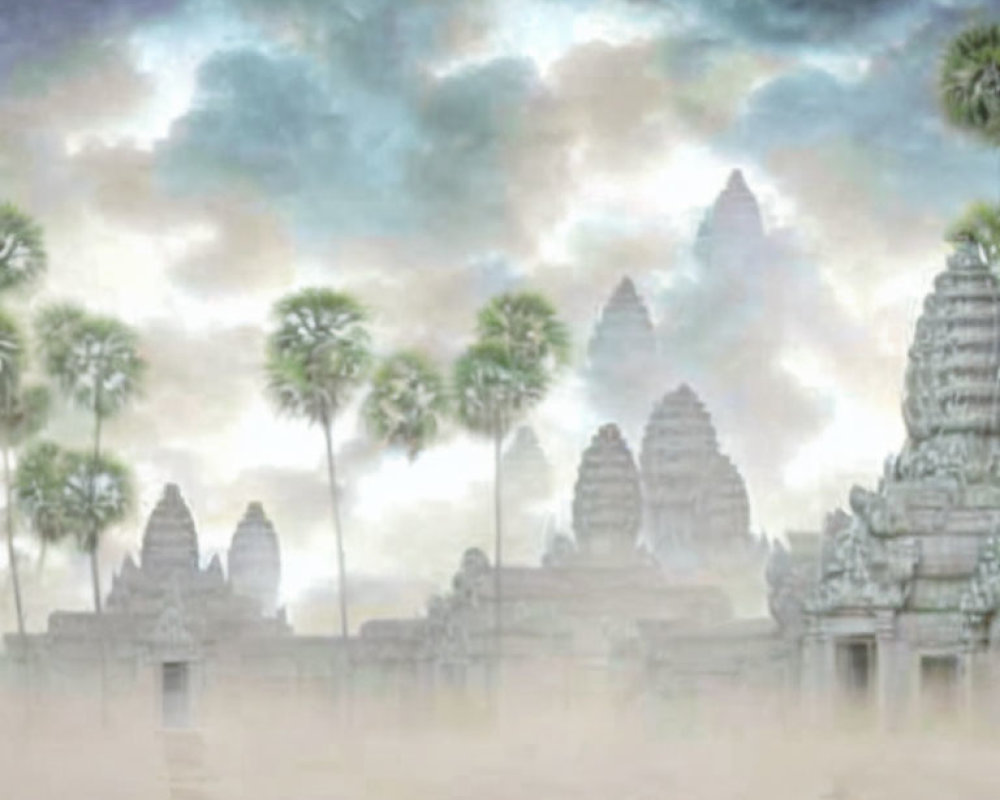 Ancient temple complex with iconic spires in misty palm tree setting