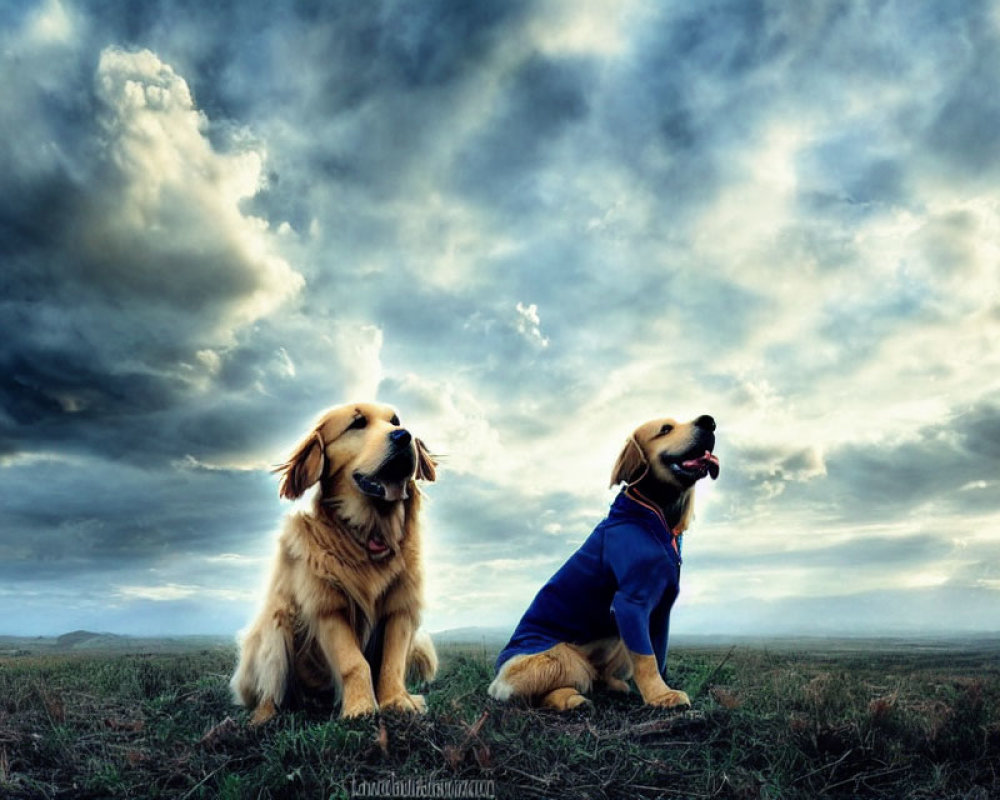 Two Golden Retrievers Sitting in Field Under Dramatic Sky