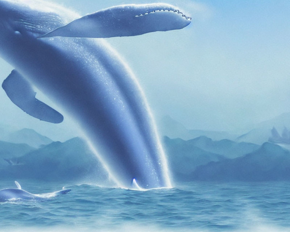 Mystical humpback whales breaching in misty blue seascape