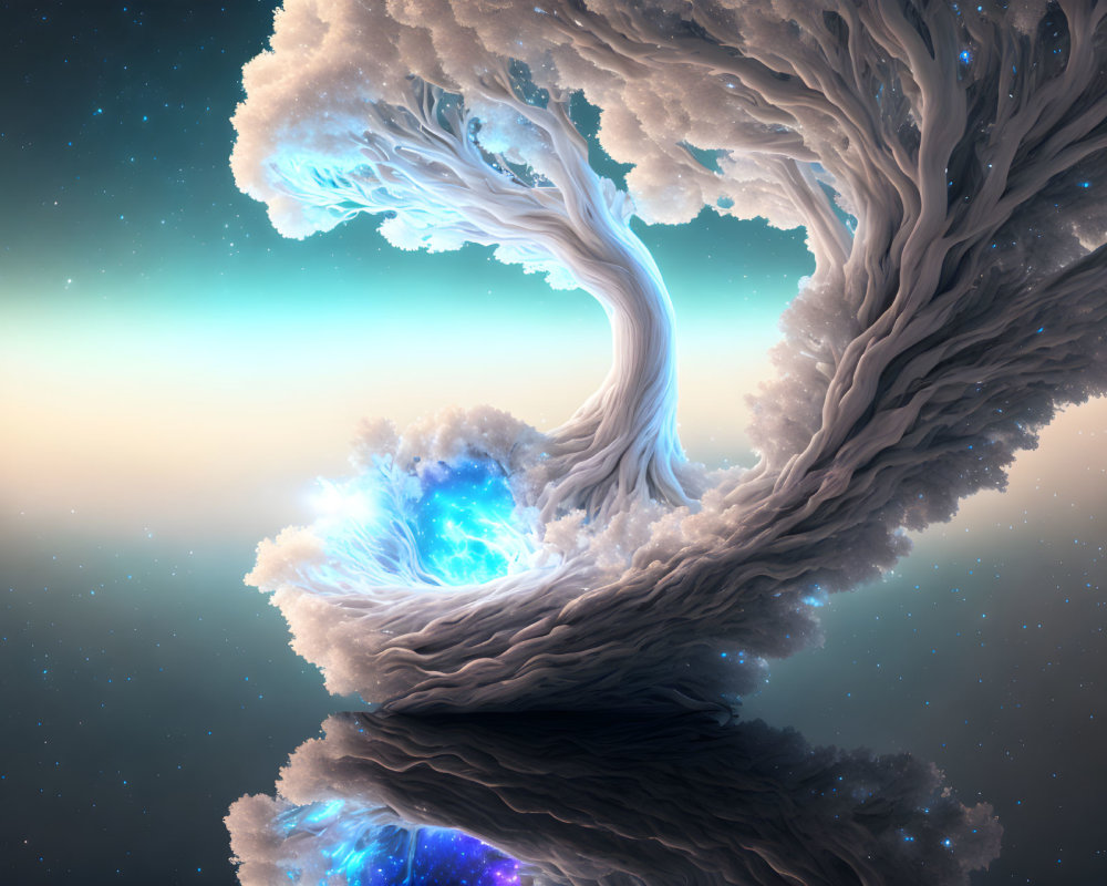 Fantastical cosmic trees with swirling branches and glowing blue nebulae against a starry backdrop