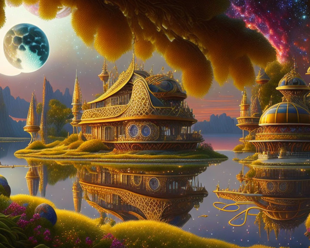 Fantastical night landscape with domed buildings, lush vegetation, calm waters, starry sky,