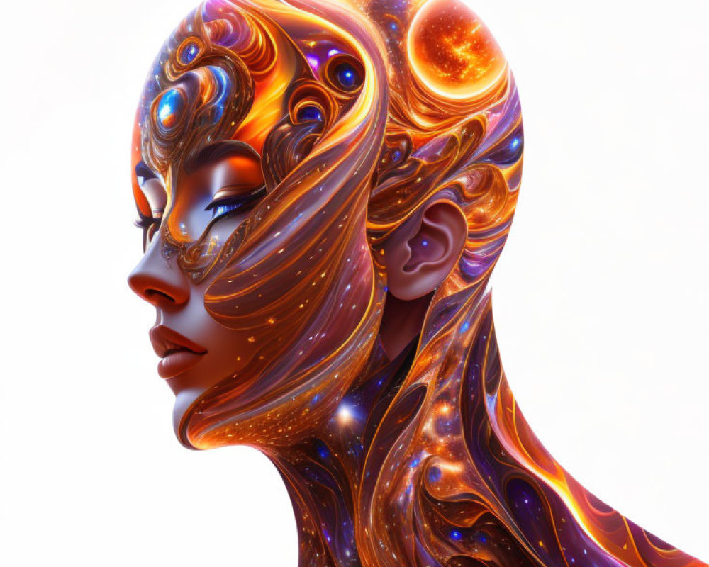 Profile portrait of a woman with cosmic patterns in vibrant colors