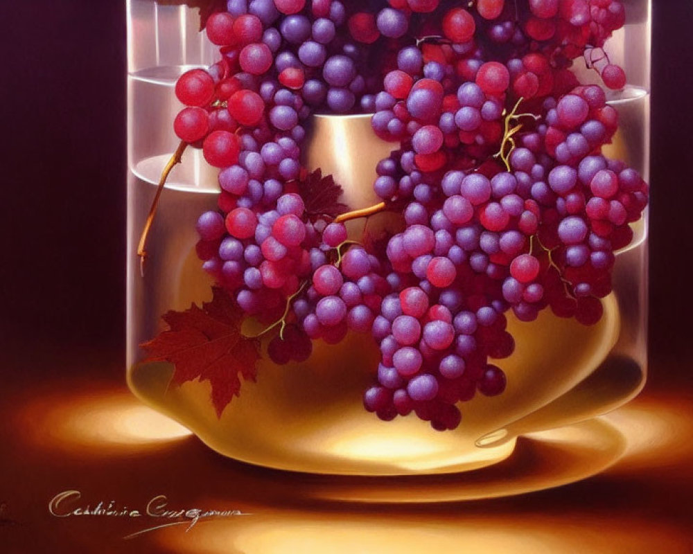 Hyper-realistic painting of glass bowl with red grapes in warm light