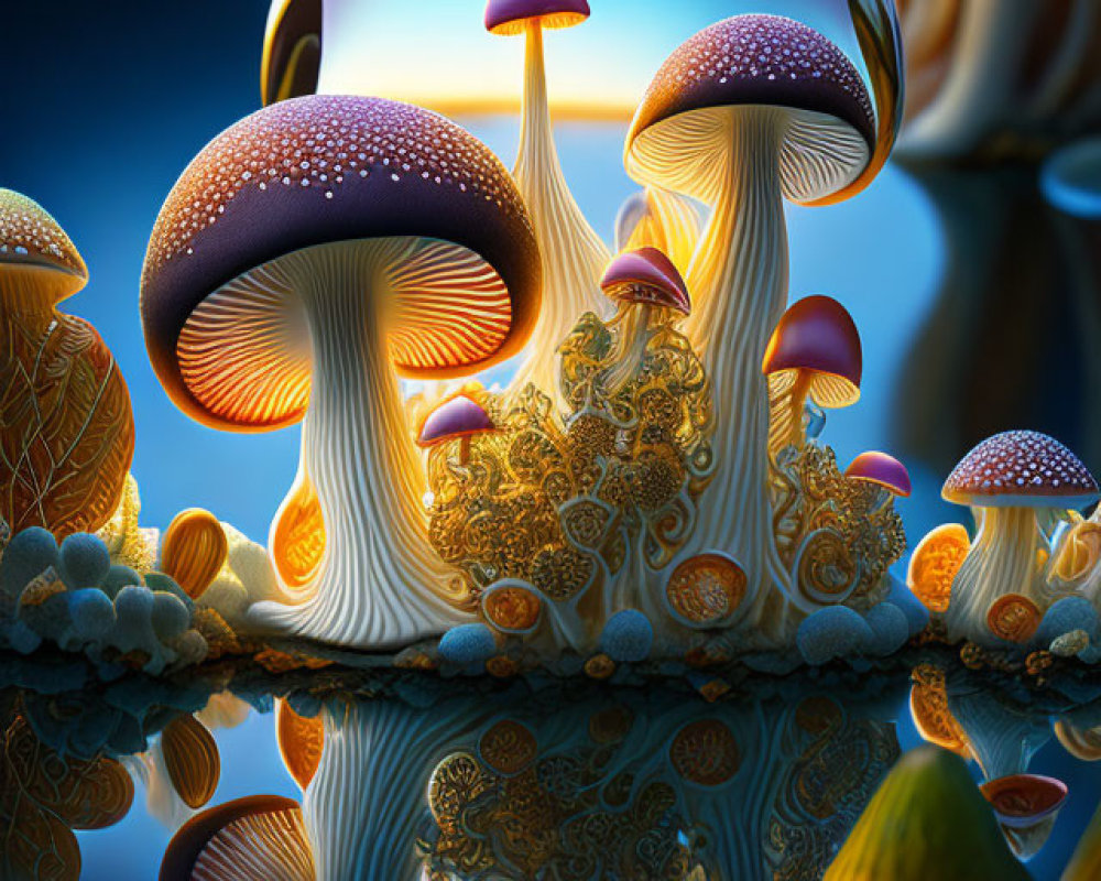 Colorful digital art: whimsical mushrooms with intricate patterns on water surface at twilight