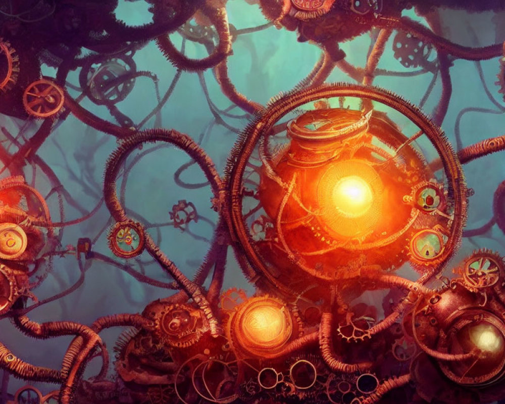 Surreal steampunk image with intertwined gears and orange glow on teal background