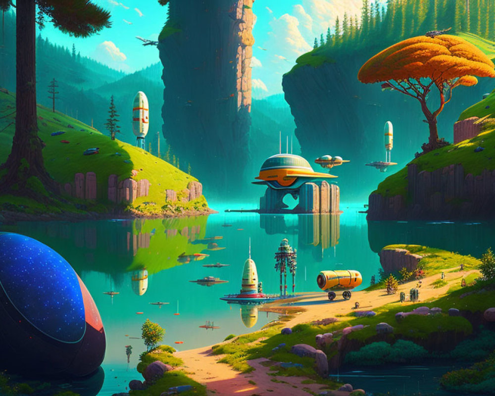 Futuristic landscape with greenery, cliffs, water, and spacecraft