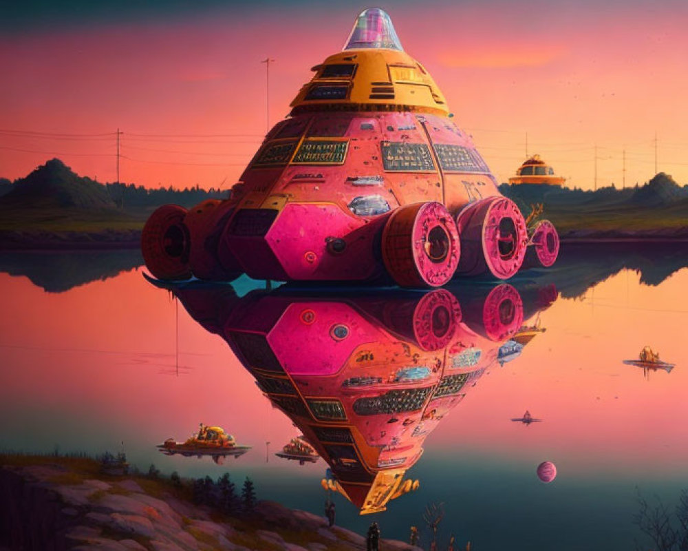 Detailed Sci-Fi Scene: Large Spacecraft Over Lake with Planets at Sunset