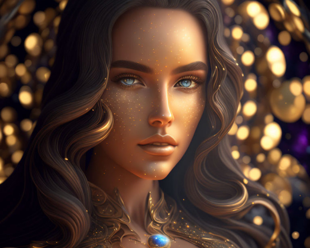 Portrait of woman with blue eyes, freckles, wavy hair, and blue necklace on golden