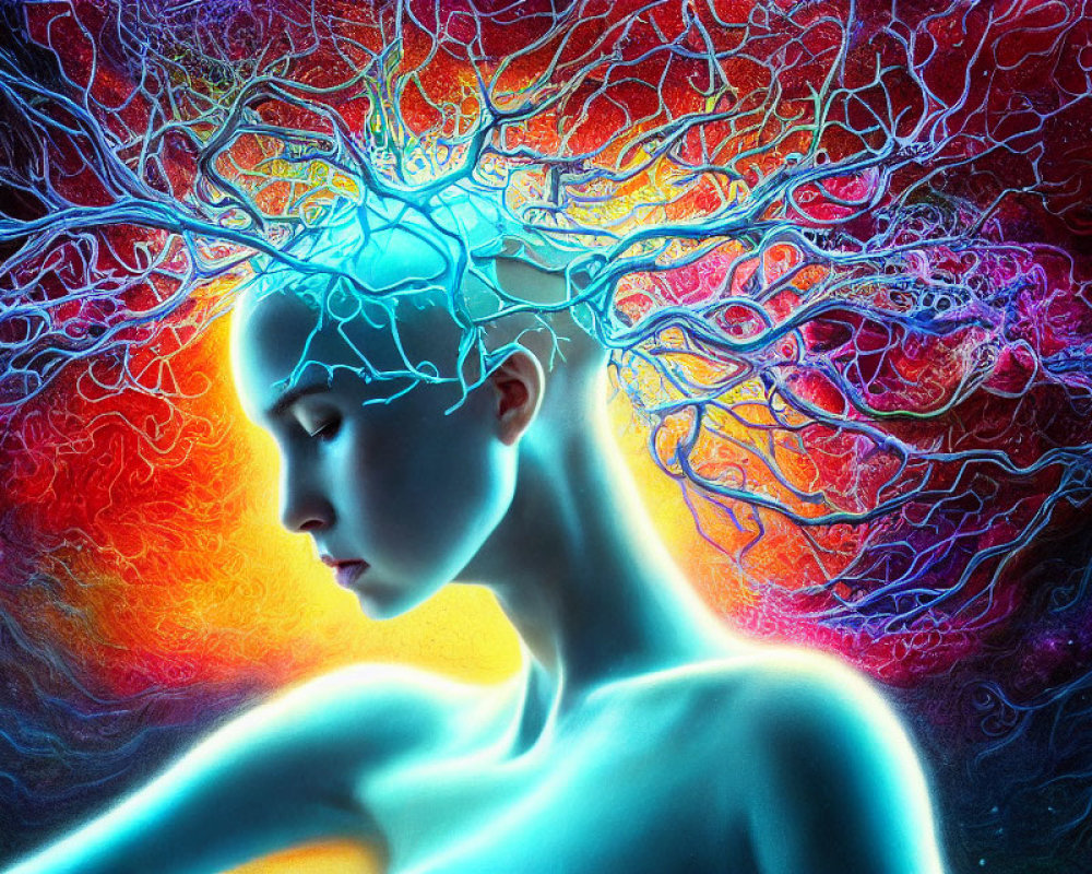 Colorful artwork: woman with tree-like neural network in cosmic setting