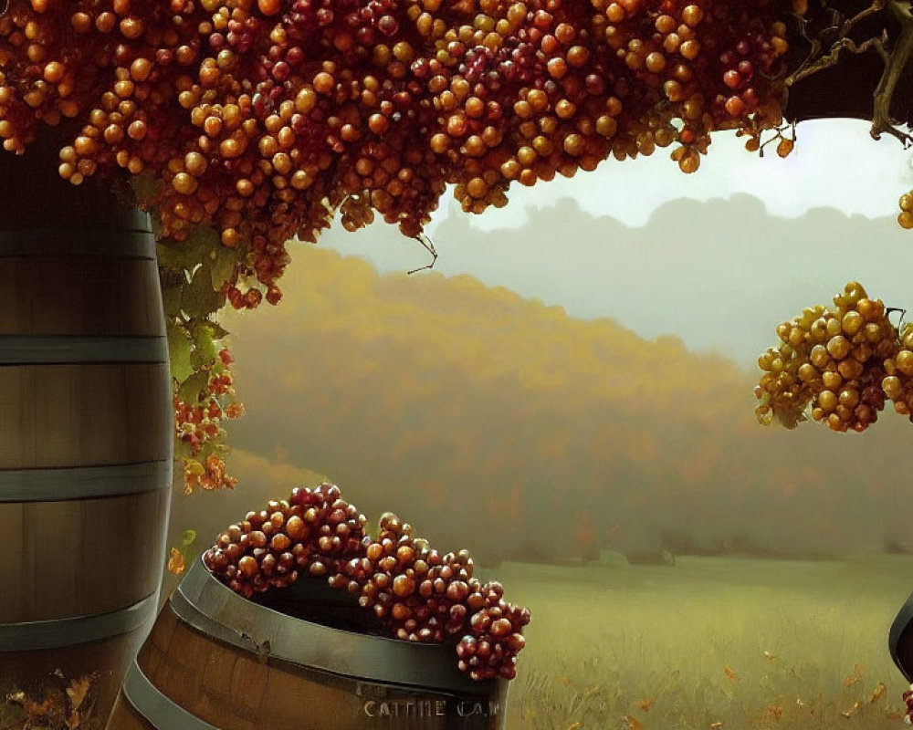 Circular window frames autumn vineyard scene with hanging grapevines and overflowing barrels