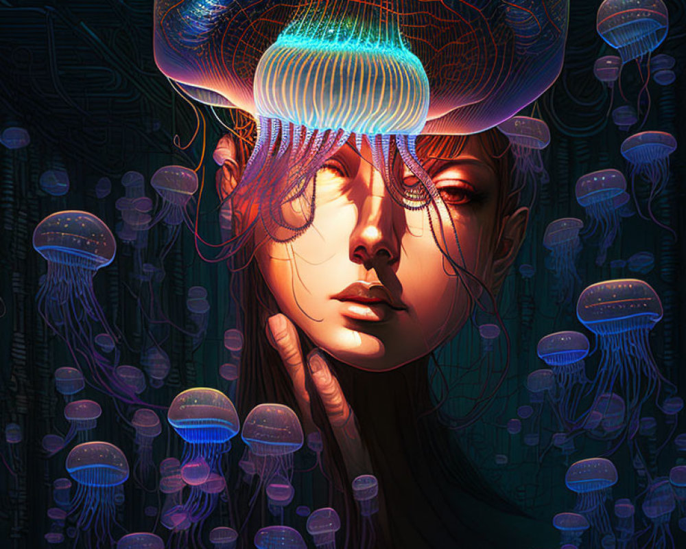 Colorful jellyfish partially obscure woman's face in digital art