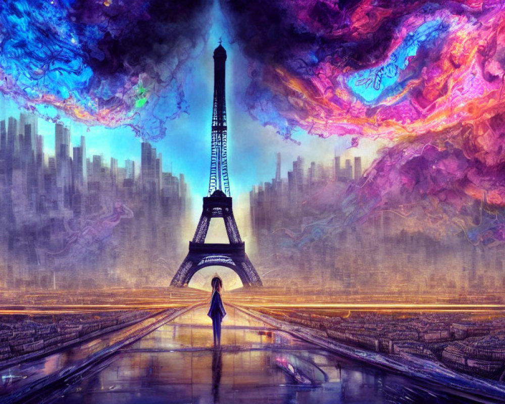 Person standing before Eiffel Tower under surreal sky with building silhouettes.