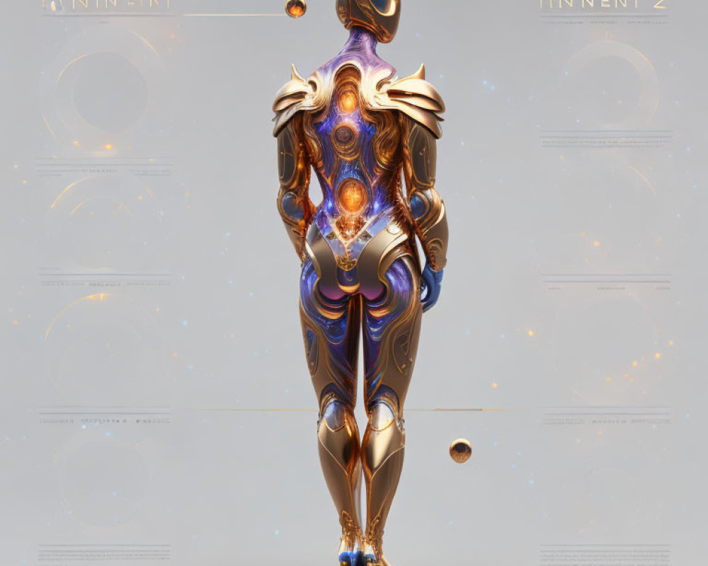 Futuristic armor with gold and blue motifs and glowing orange orbs on soft grey background