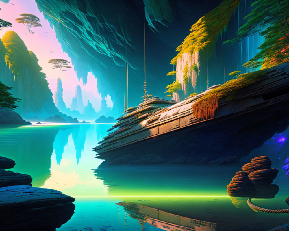 Alien landscape with crashed spaceship, rock formations, lush vegetation, and blue water.