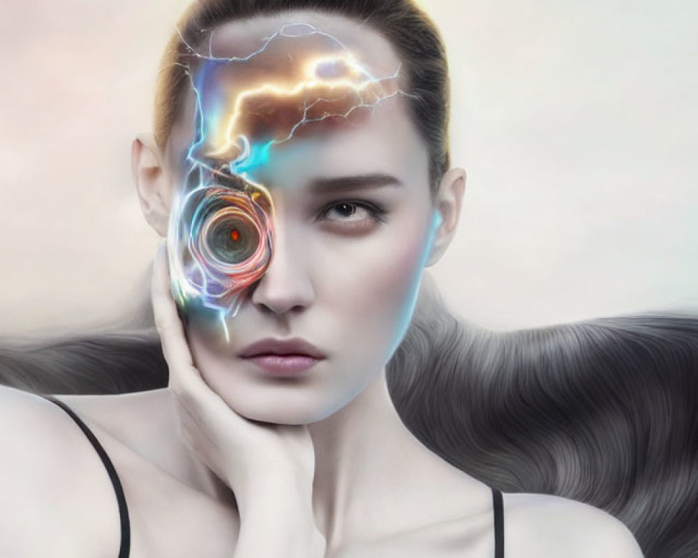 Cybernetic woman with eye and brain interface, human and mechanical blend