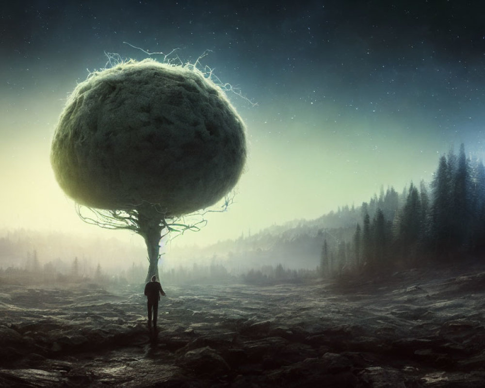 Enormous glowing dandelion-like tree in surreal starlit landscape