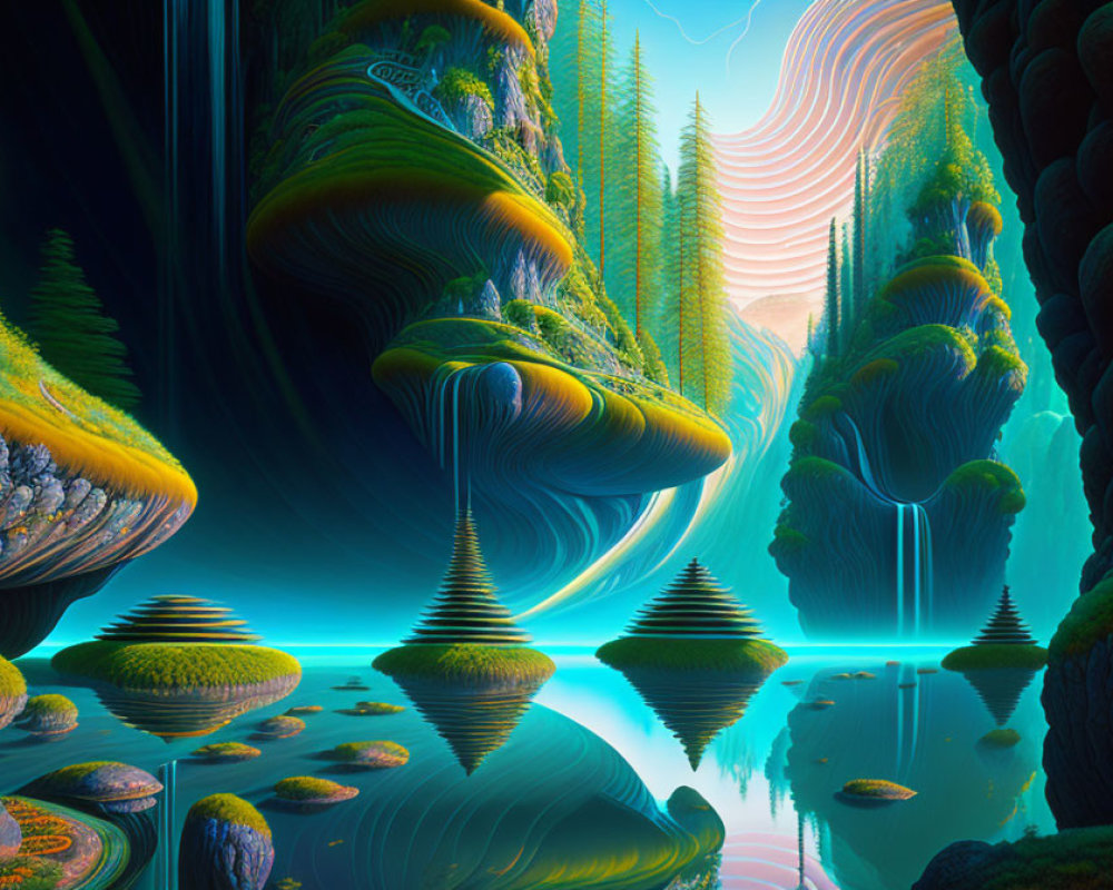 Vibrant surreal landscape: floating islands, twisted rocks, lush vegetation, waterfalls, serene water