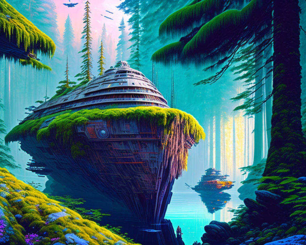 Vibrant forest scene with crashed spaceship and ethereal light