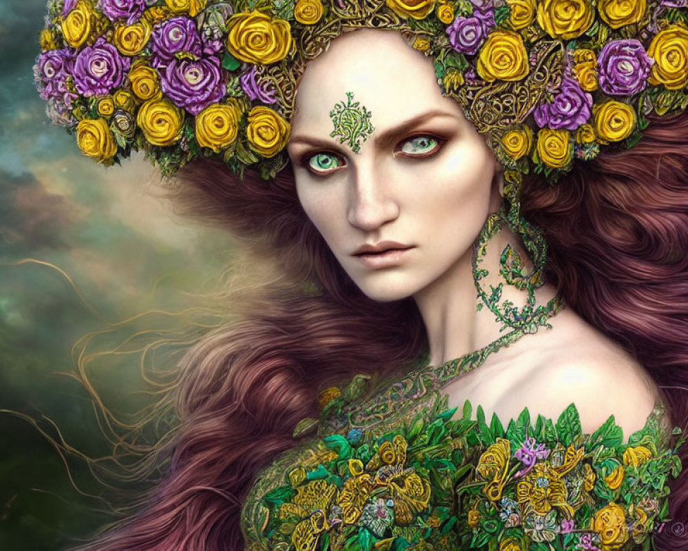 Woman with Floral Accessories and Mystical Aura in Digital Painting