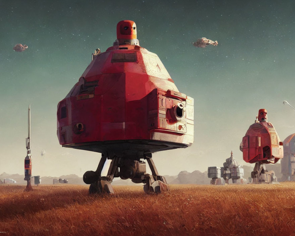 Sci-fi landscape with red robotic walkers and floating ships on barren, dusty terrain