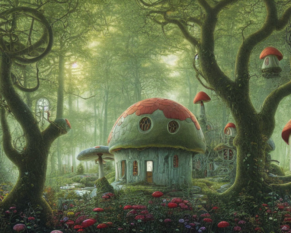 Whimsical mushroom houses in vibrant forest setting