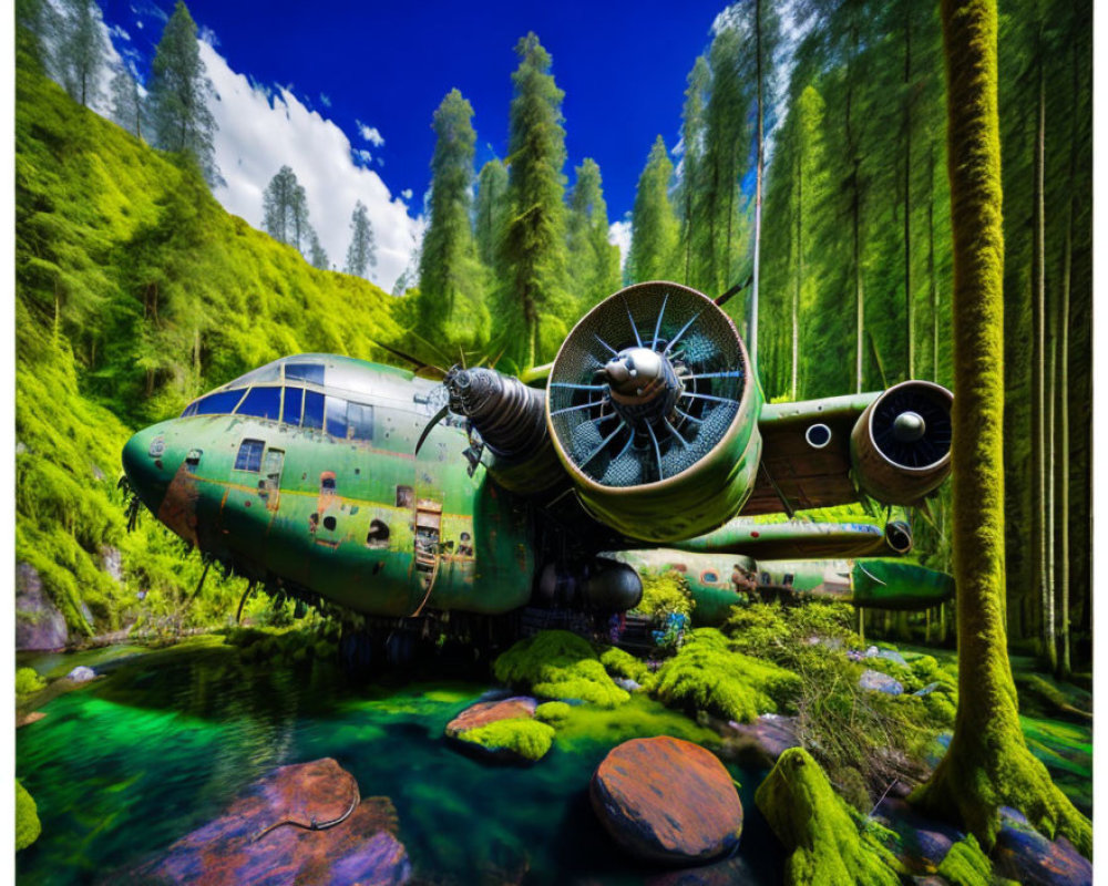 Abandoned airplane covered in moss amid lush forest clearing