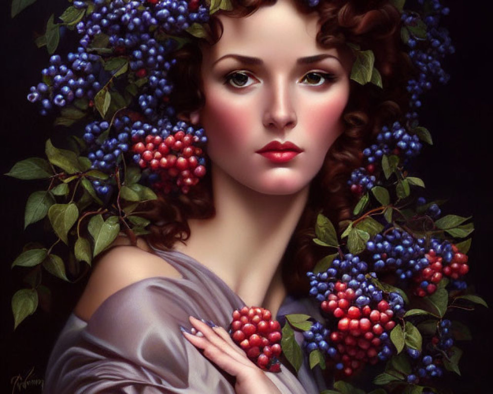 Portrait of Woman with Blue and Red Berry Wreath and Grey Dress