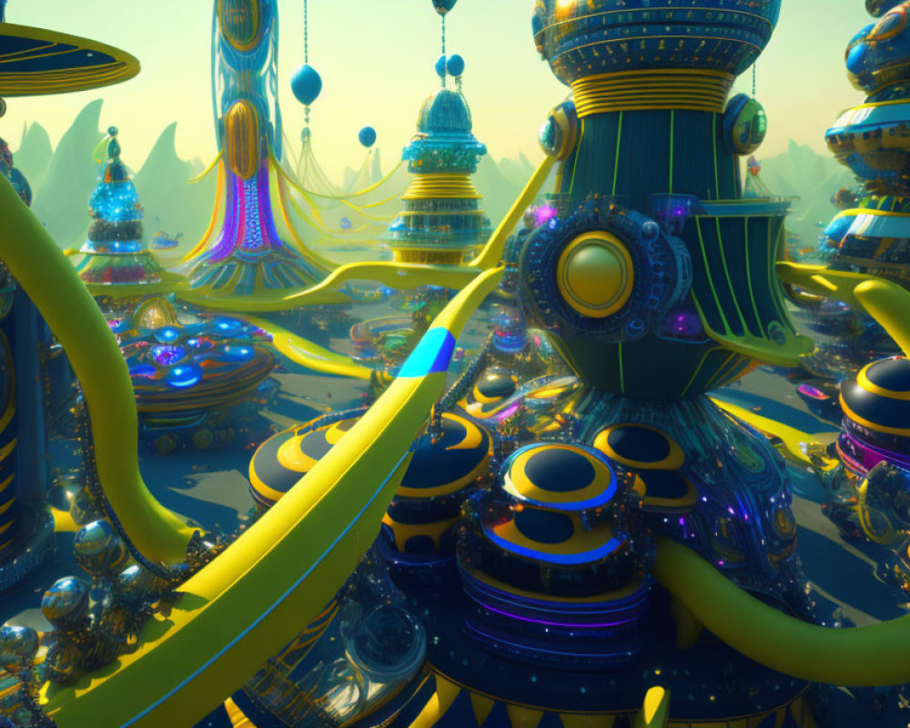 Futuristic landscape with whimsical blue and gold structures