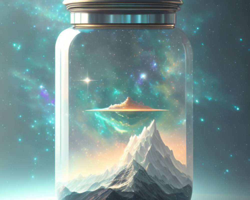 Surreal glass jar with snowy mountain peak under cosmic sky