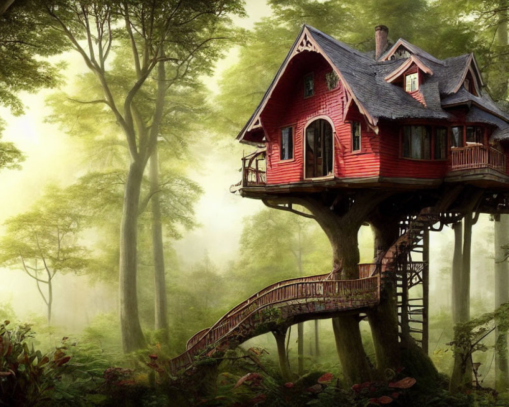 Red multi-story treehouse in lush forest with wooden staircase