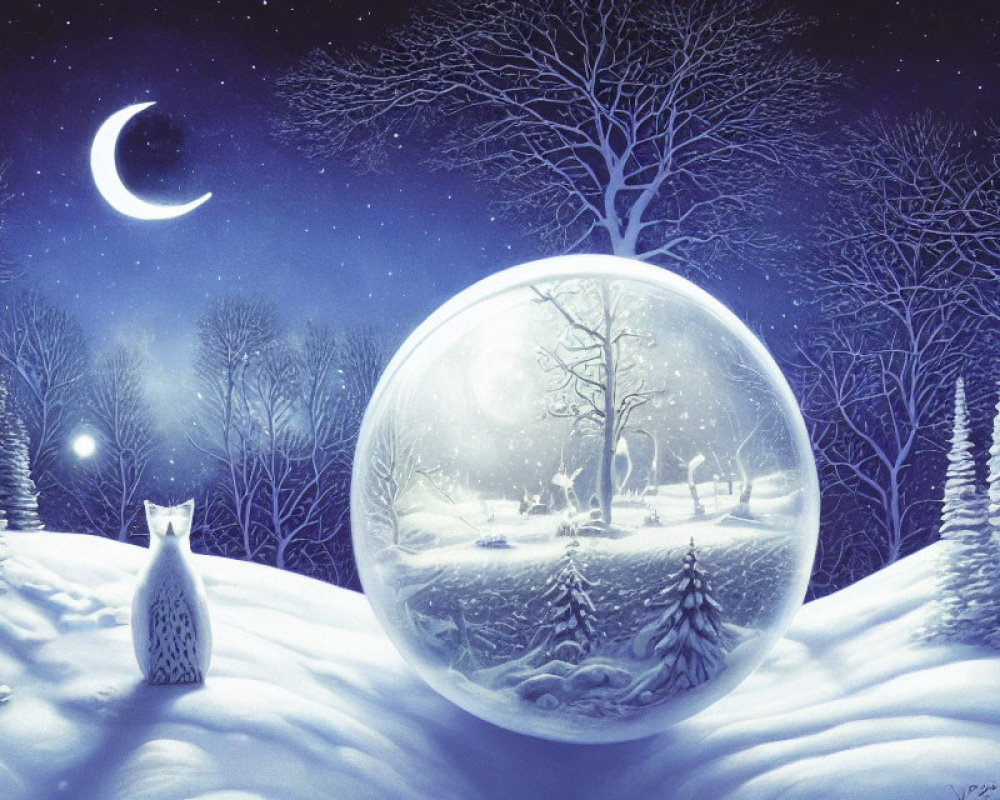 Winter night with crescent moon, white fox, and snowy landscape in transparent orb