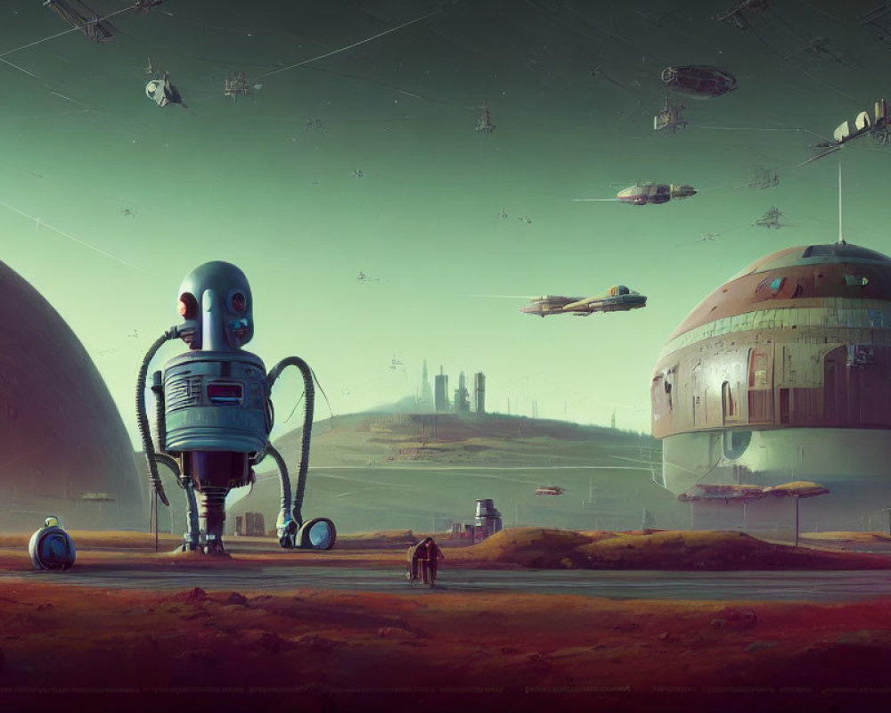 Futuristic landscape with robot, spacecraft, figures in spacesuits, green sky, distant planets.