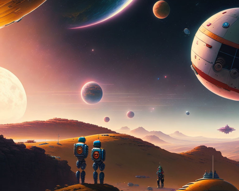 Person and robot in futuristic landscape with multiple planets and spaceships.