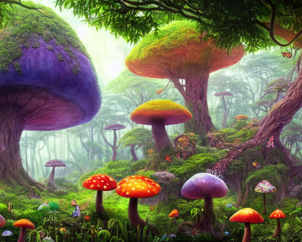 Colorful Fantasy Forest with Oversized Mushrooms and Magical Creatures