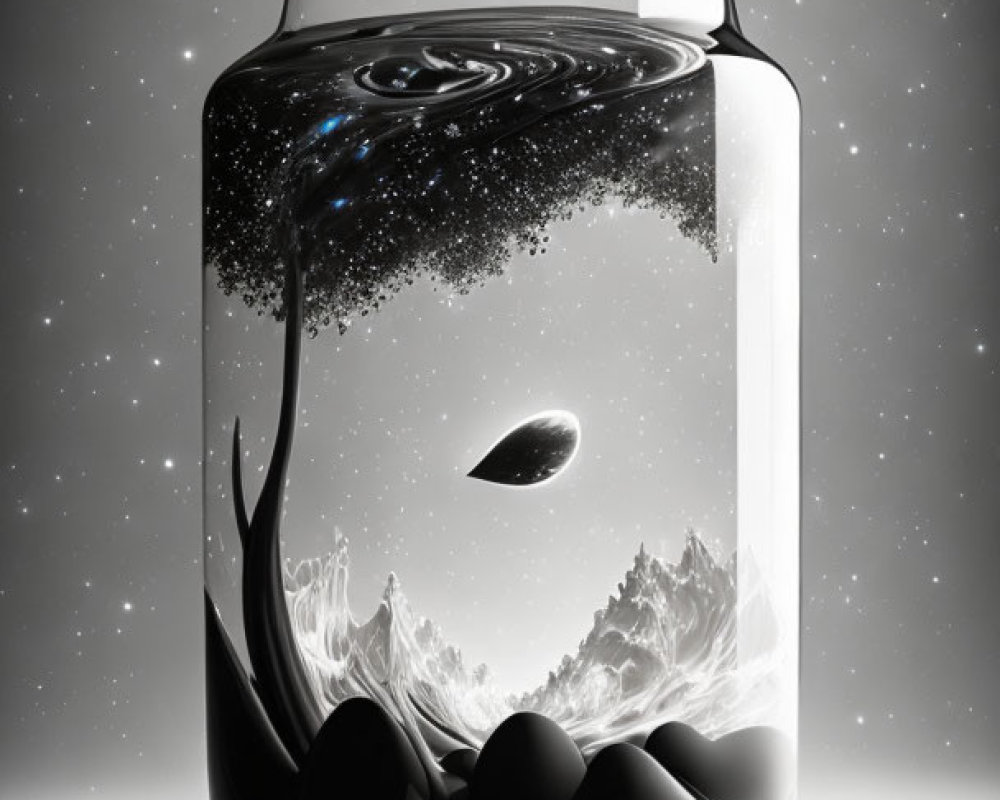 Monochrome illustration of galaxy in jar with mountains