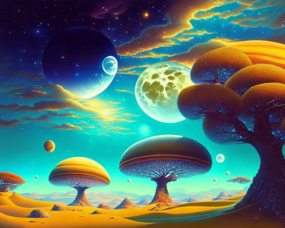 Colorful Mushroom Trees and Moons in Fantastical Landscape