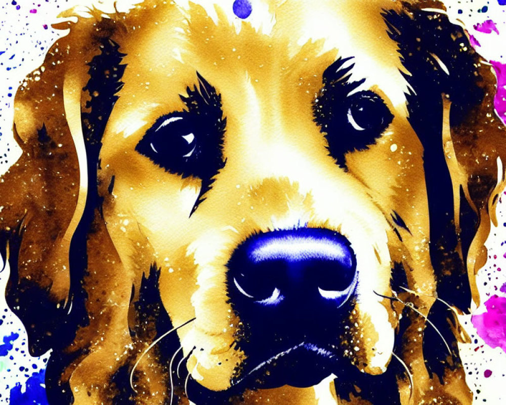 Colorful watercolor painting of golden retriever with expressive eyes on yellow background