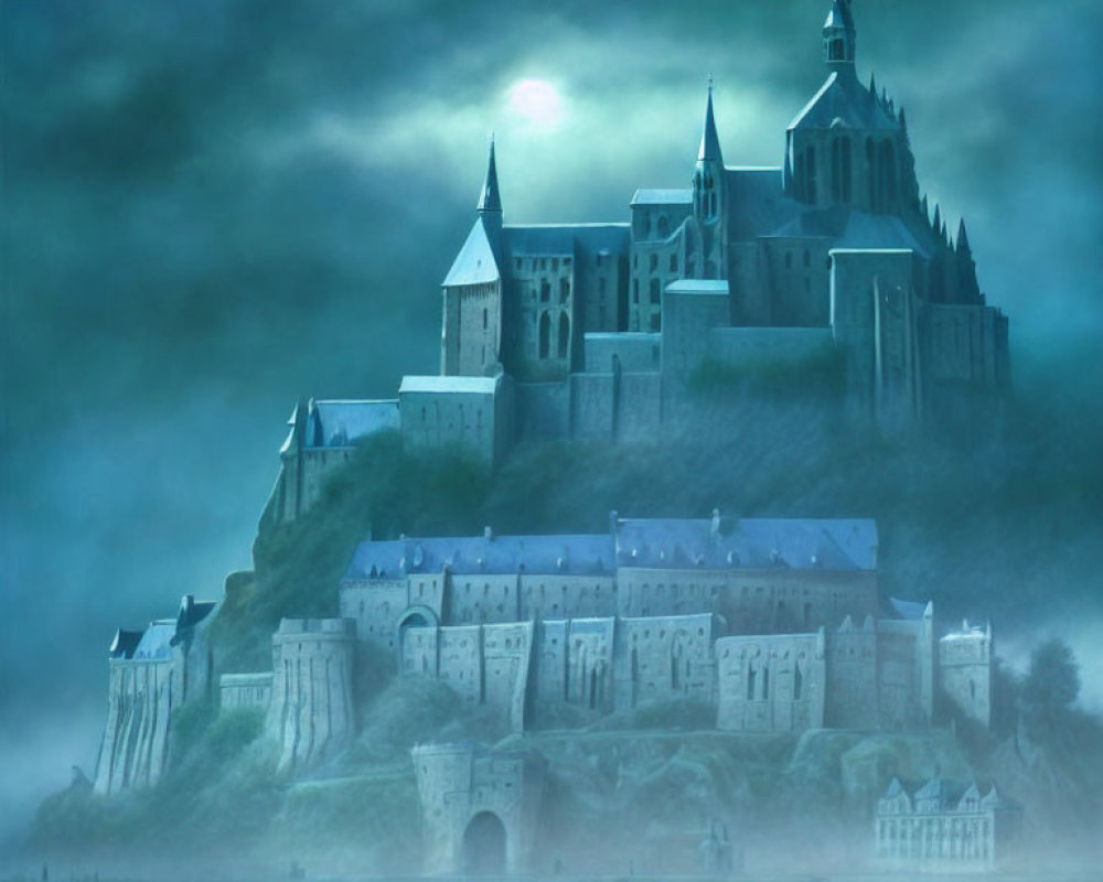 Mystical castle in fog with towering spires under moonlit sky