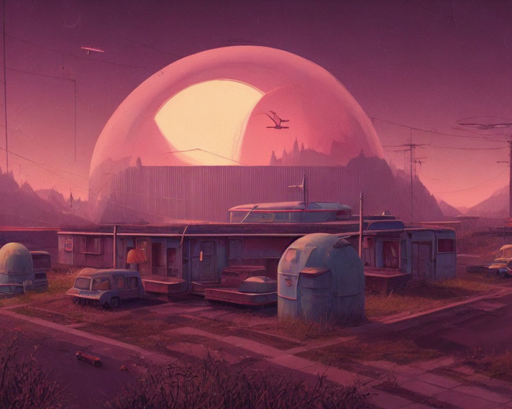 Retro-futuristic trailer park with vintage cars and domed structures