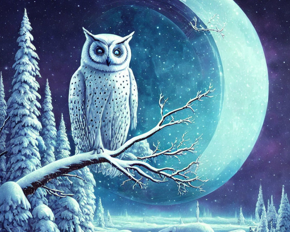 Snowy owl perched on branch under full moon in winter forest.