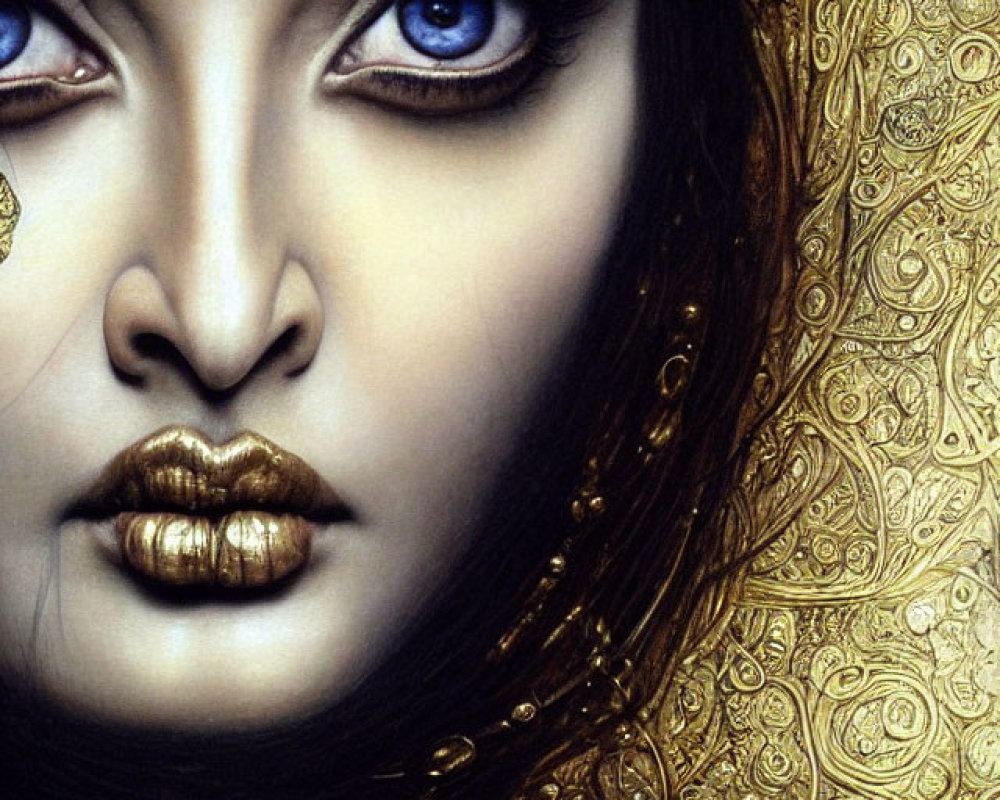 Detailed close-up of woman with striking blue eyes and ornate golden patterns.