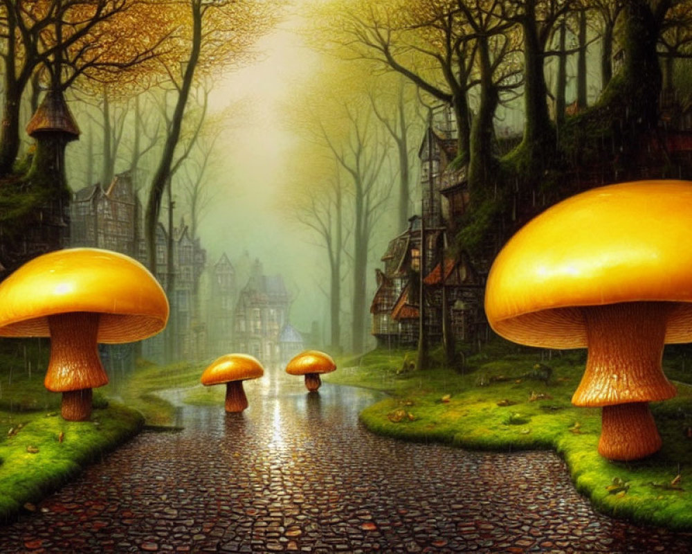 Fantasy scene: Cobblestone path, oversized mushrooms, mystical forest.