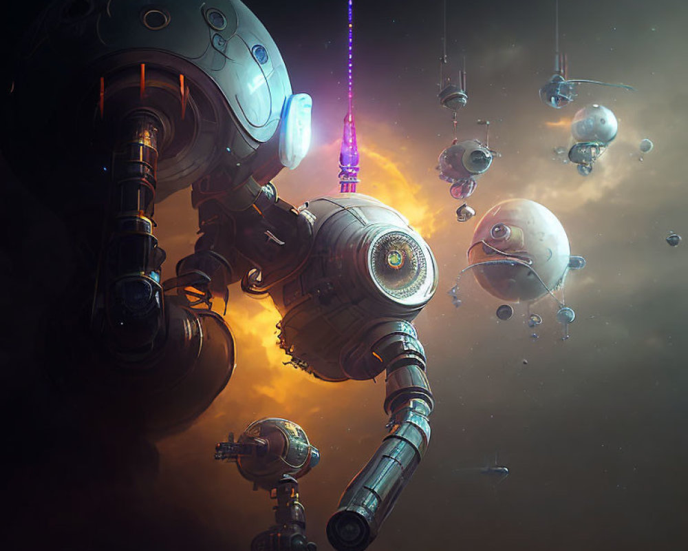 Futuristic space scene with spherical structures and floating pods